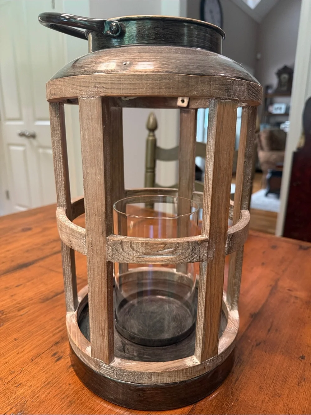 Kirklands Round Metal & Wood Glass Globe Farmhouse Candle Lantern